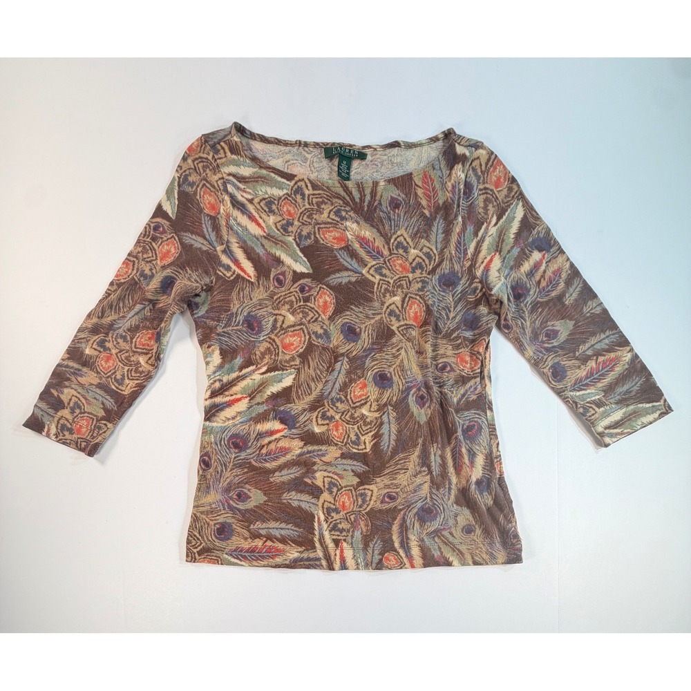 Lauren Ralph Lauren Peacock Paisley Print Boat Neck Cotton Top Brown Blue M